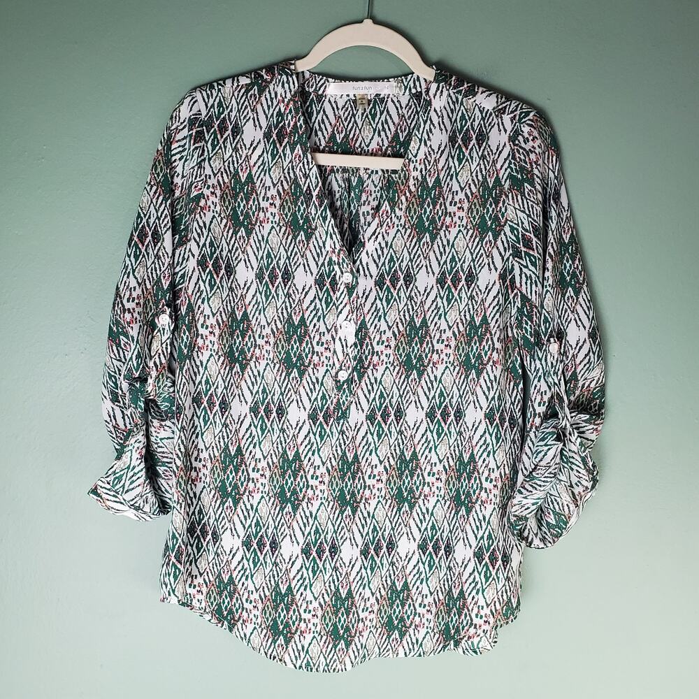 Fun2Fun Womens Green Marlena Abstract Print Tab Sleeve Blouse Top Size Small